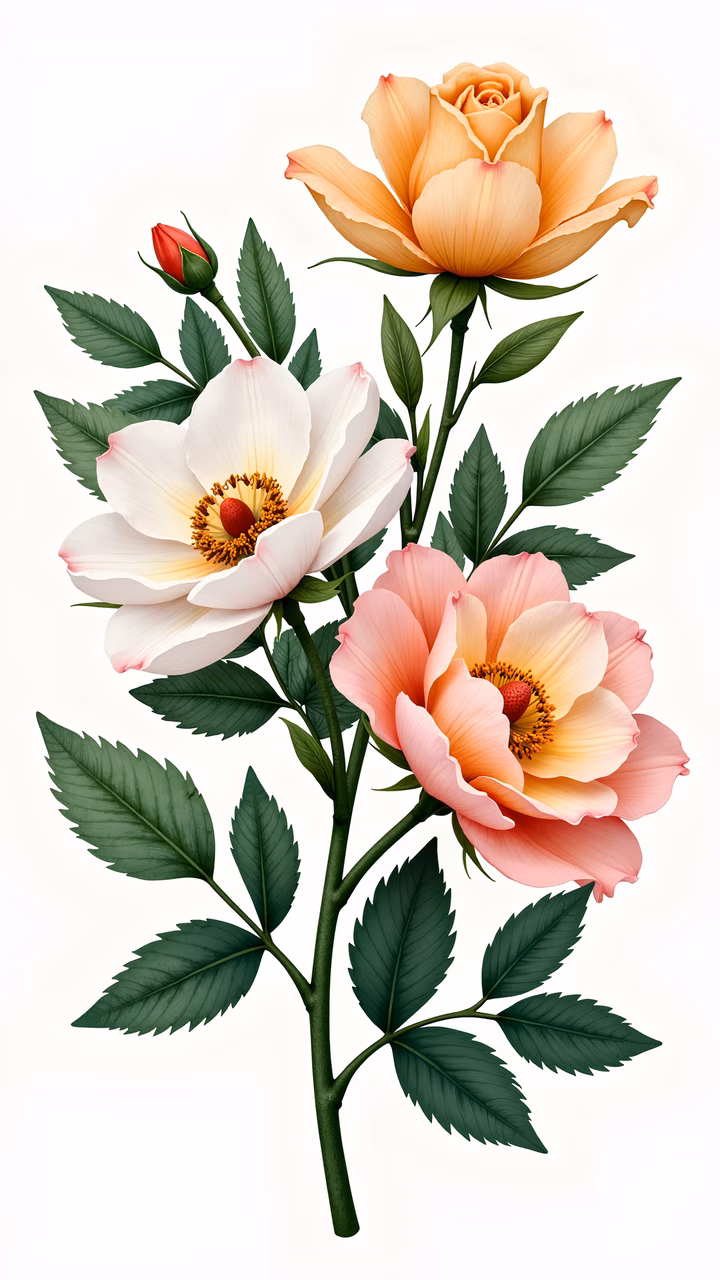 A detailed floral illustration featuring roses in various stages of bloom, showcasing a serene and elegant atmosphere.