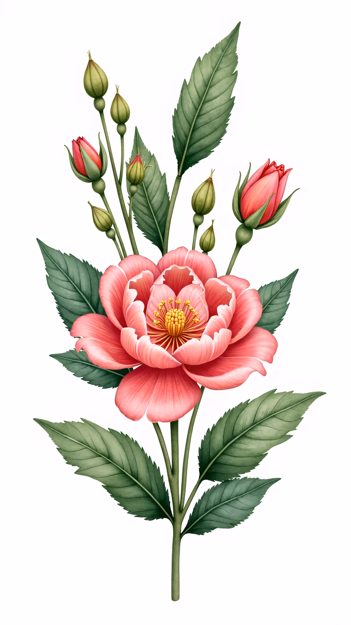 Vibrant pink rose, lush green leaves, botanical art, detailed illustration