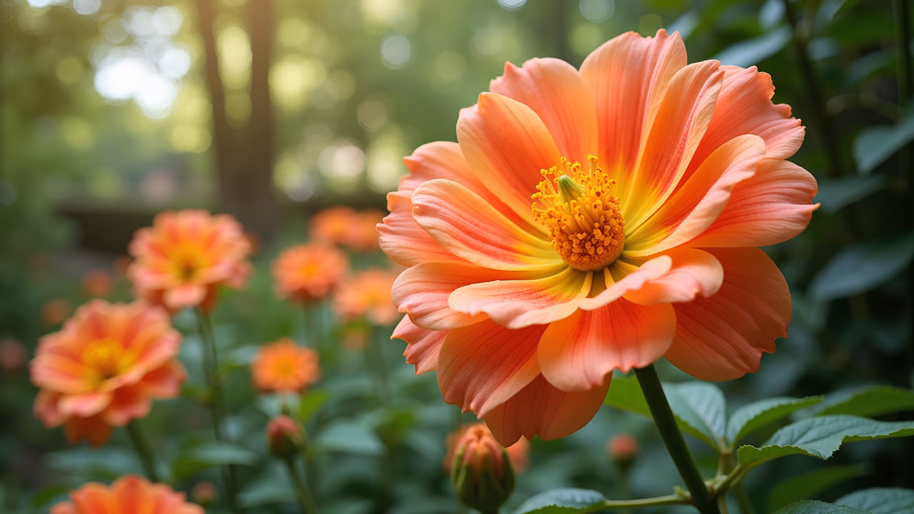 Close-up of vibrant orange dahlias with soft yellow centers, set against a blurred green background.