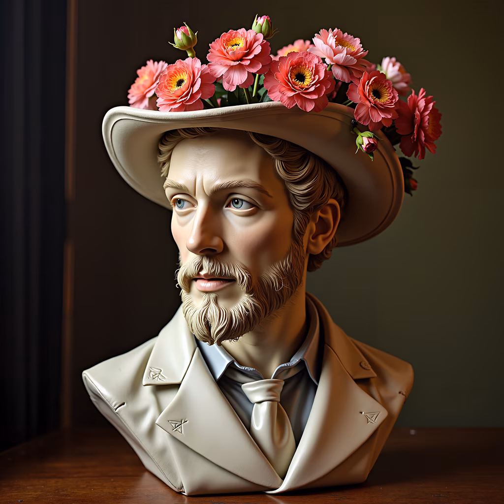 A detailed portrait of a man with a flower-adorned hat, captured in a realistic style.