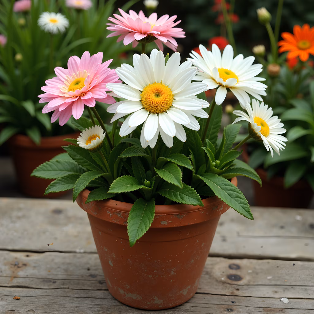 Vibrant daisies in a flower pot, set against greenery and wood, creating a cheerful atmosphere.