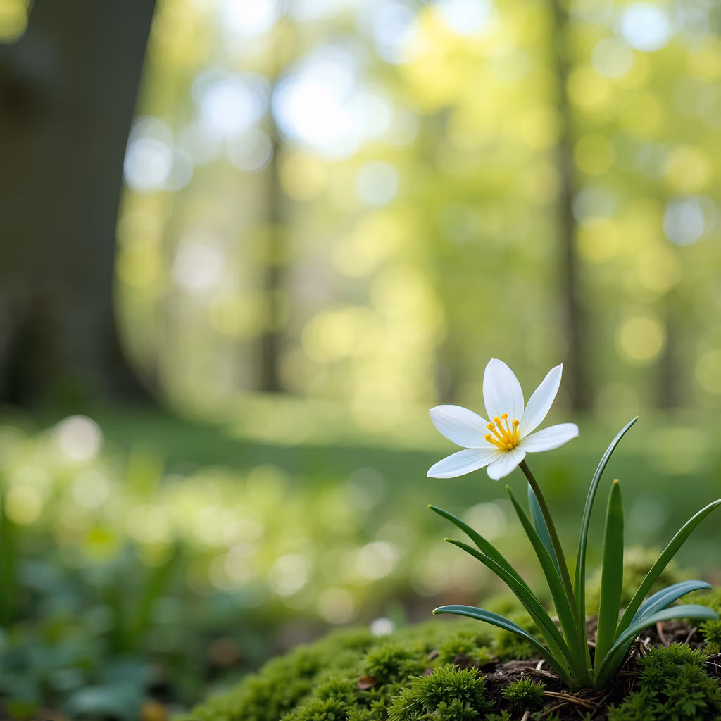 Delicate white flower with vibrant yellow stamens in a lush green forest, bathed in soft sunlight.