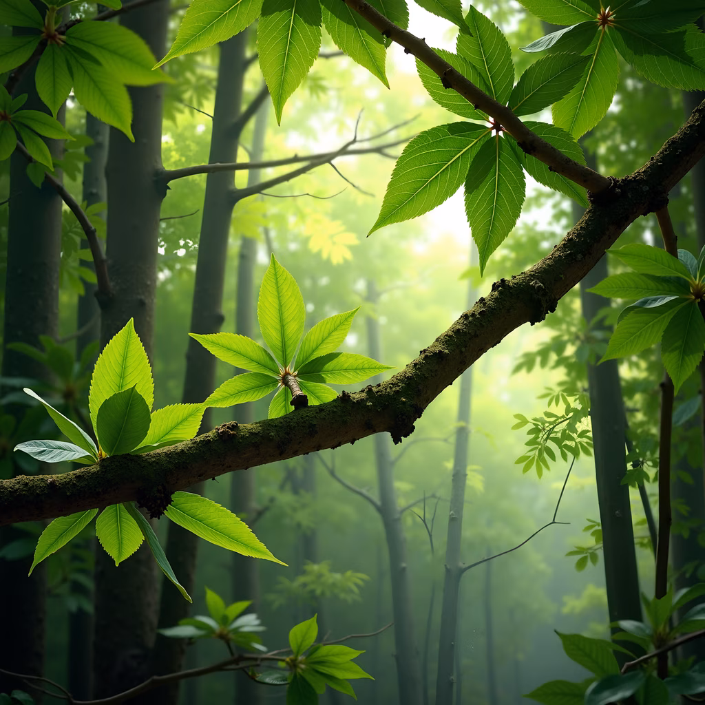 Vibrant green leaves, moss-covered branch, soft focus, tall trees, misty light, serene nature