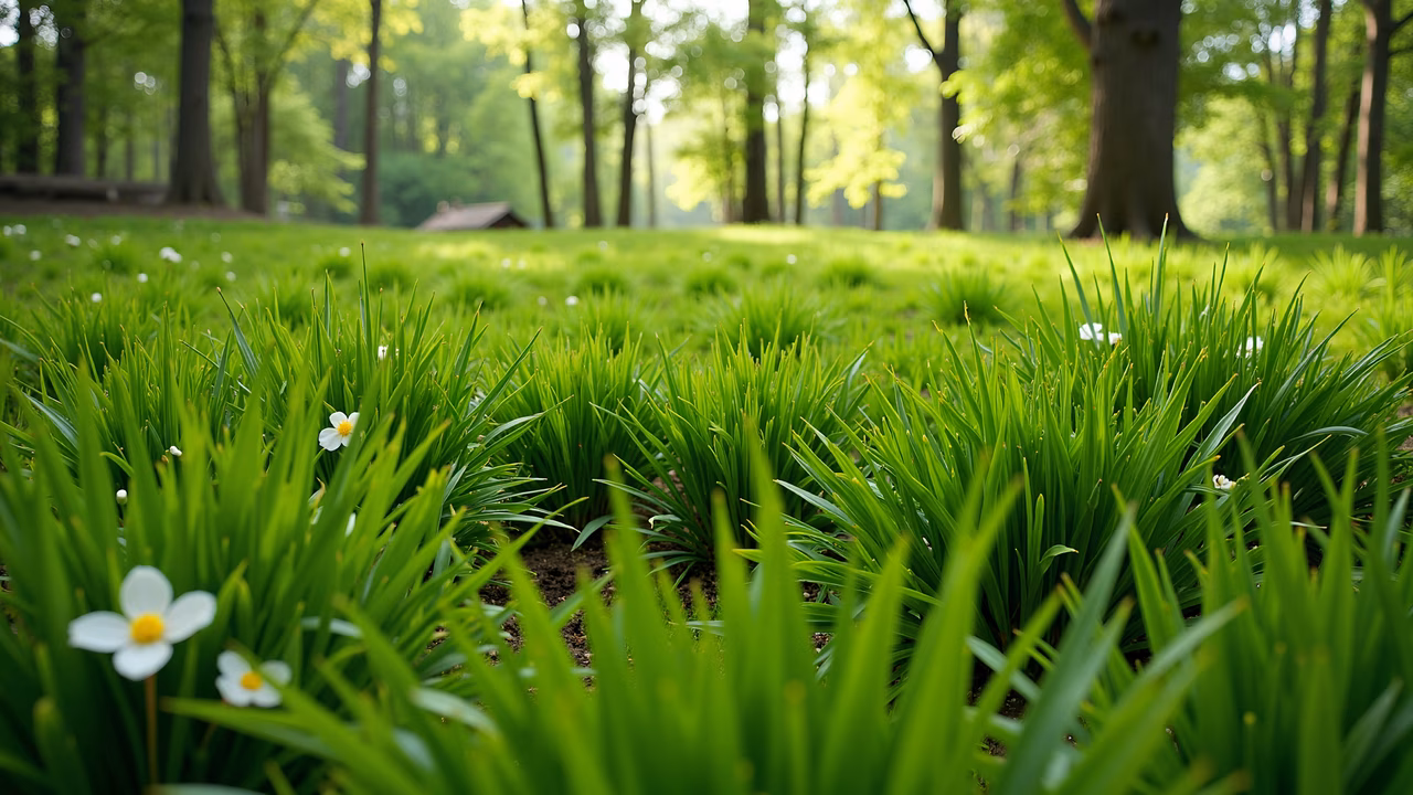 A peaceful forest floor with vibrant green grass and white flowers, bathed in natural light.