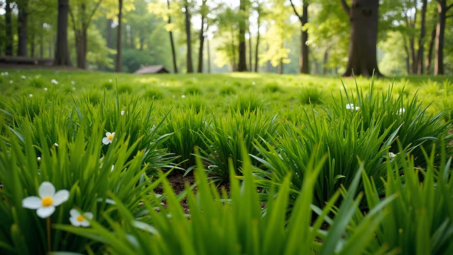 Forest Floor with Green Grass and White Flowers