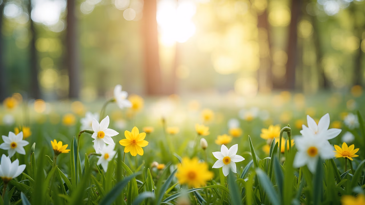 Vibrant yellow and white flowers in a serene forest setting, evoking peace and renewal.