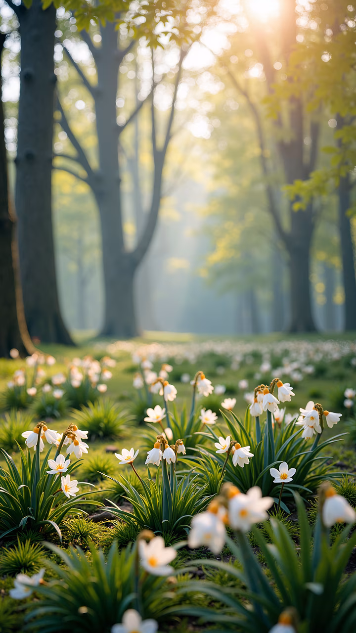 Delicate white flowers in a lush green forest with dappled sunlight, creating a serene and magical atmosphere.