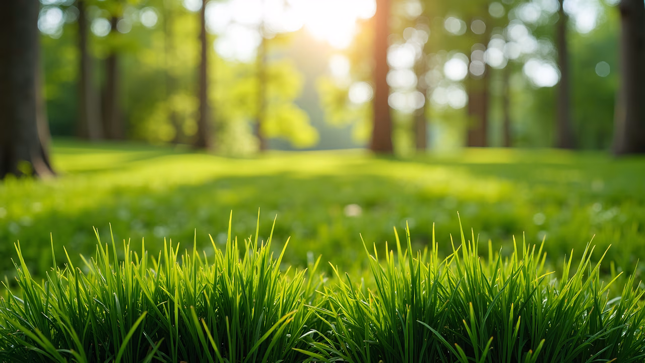 Vibrant green grass in a serene forest setting, captured in an illustration style.