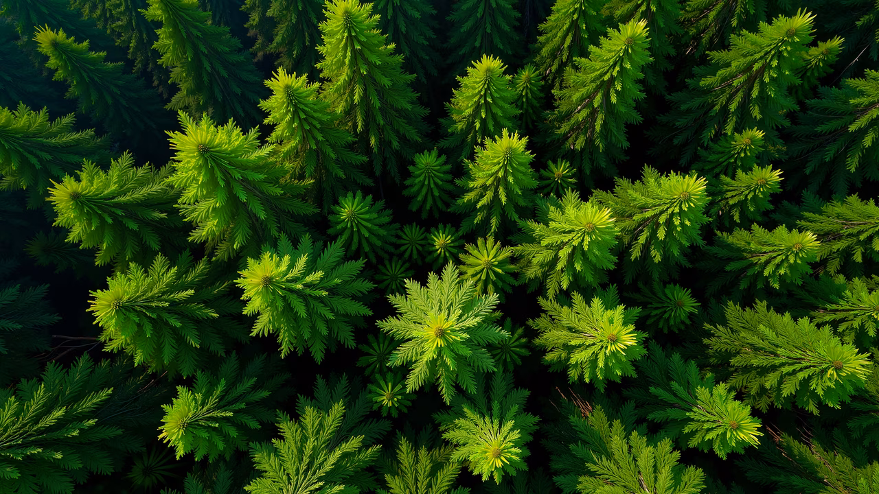 Vibrant green forest illustration, serene nature scene, detailed foliage, natural light, magical atmosphere