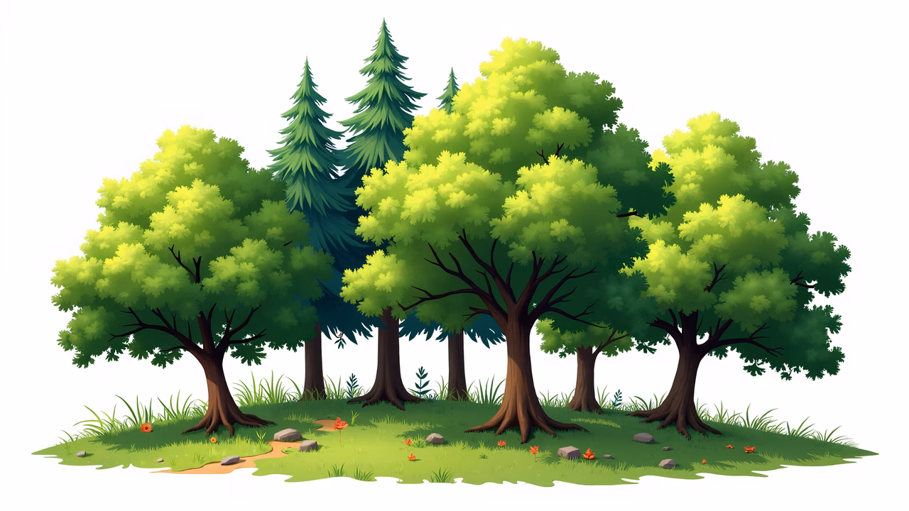 A vibrant forest illustration with lush greenery and a peaceful atmosphere.