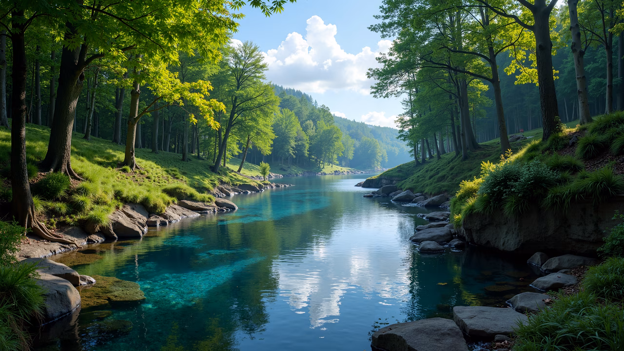 A peaceful forest lake surrounded by lush greenery and towering trees, reflecting vibrant greens and soft blues in crystal-clear water.