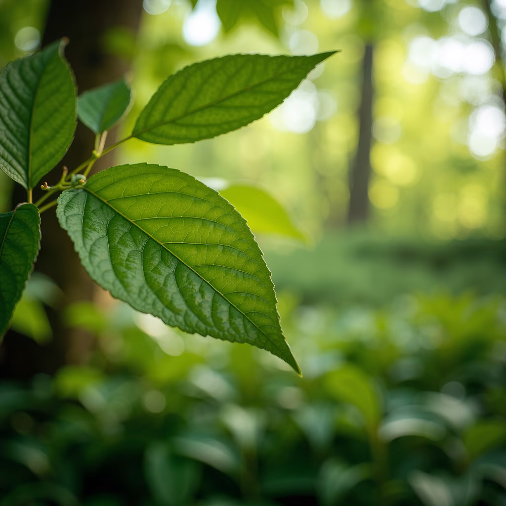 Close-up of vibrant green leaves in a forest, soft sunlight filtering through trees, serene nature scene.