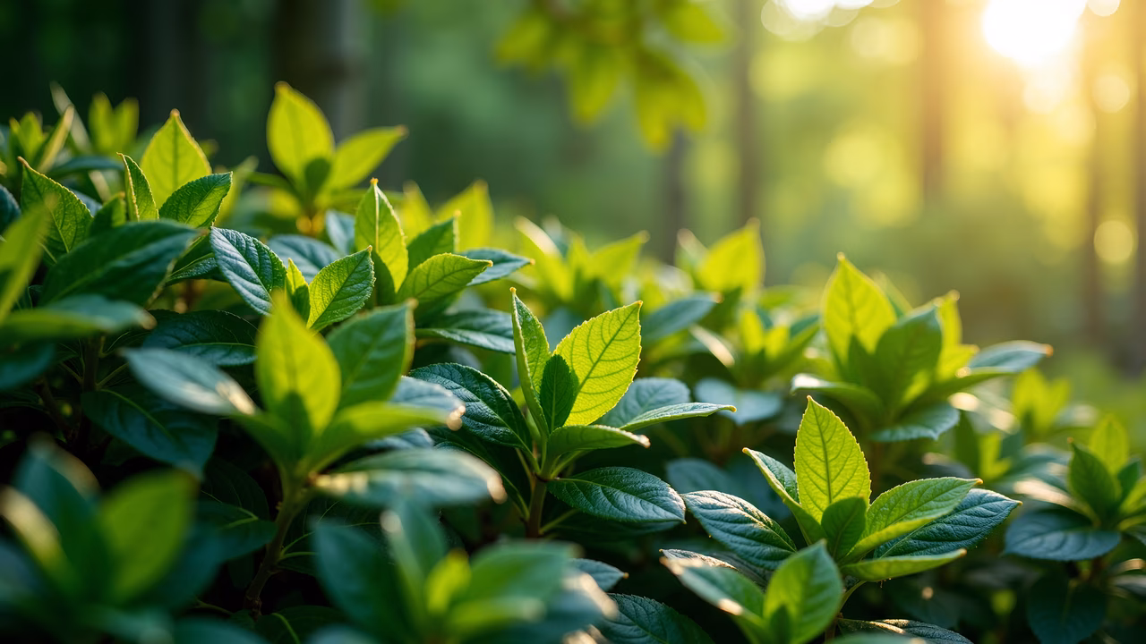 Vibrant green forest leaves illuminated by sunlight, creating a serene natural atmosphere.
