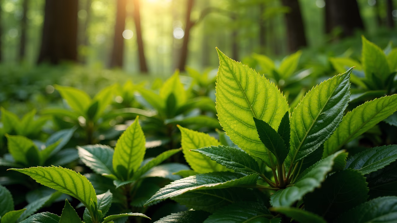Vibrant green forest leaves illuminated by sunlight, creating a tranquil and natural atmosphere.