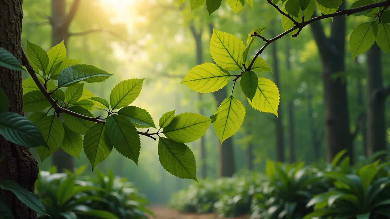 Vibrant green leaves in a peaceful forest setting, highlighting the natural beauty of nature illustrations.