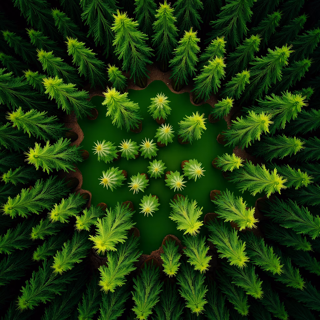 Symmetrical mandala arrangement of pine trees in shades of green, creating a peaceful and meditative forest scene.
