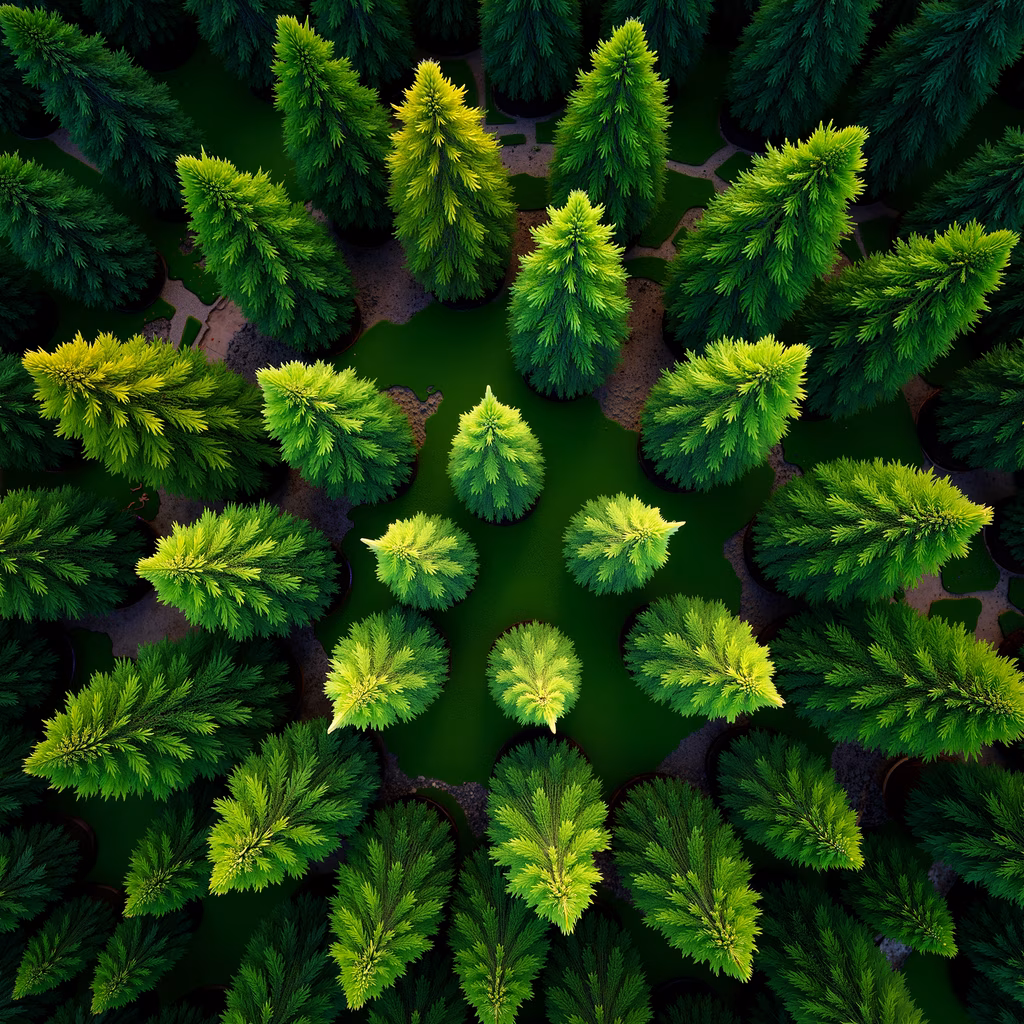 Aerial view of a dense forest with vibrant green trees arranged in rows, showcasing nature's beauty and tranquility.