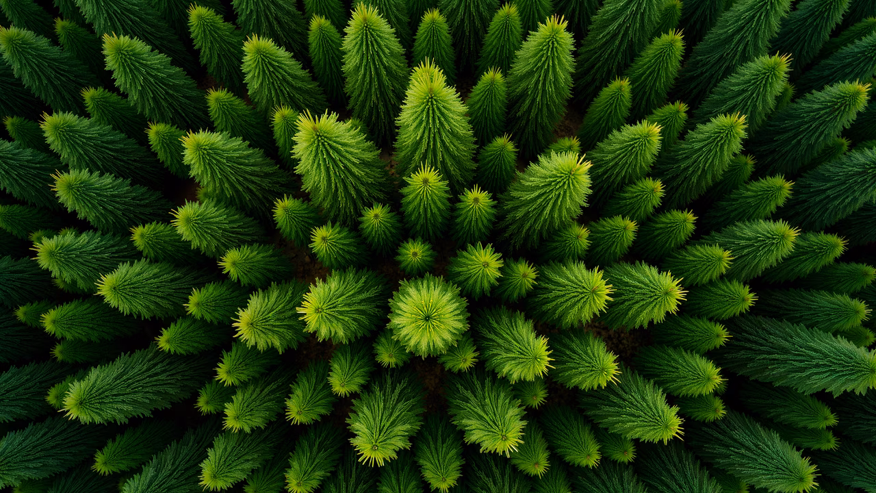 Aerial view of a dense forest with vibrant green trees, evoking tranquility and natural beauty.
