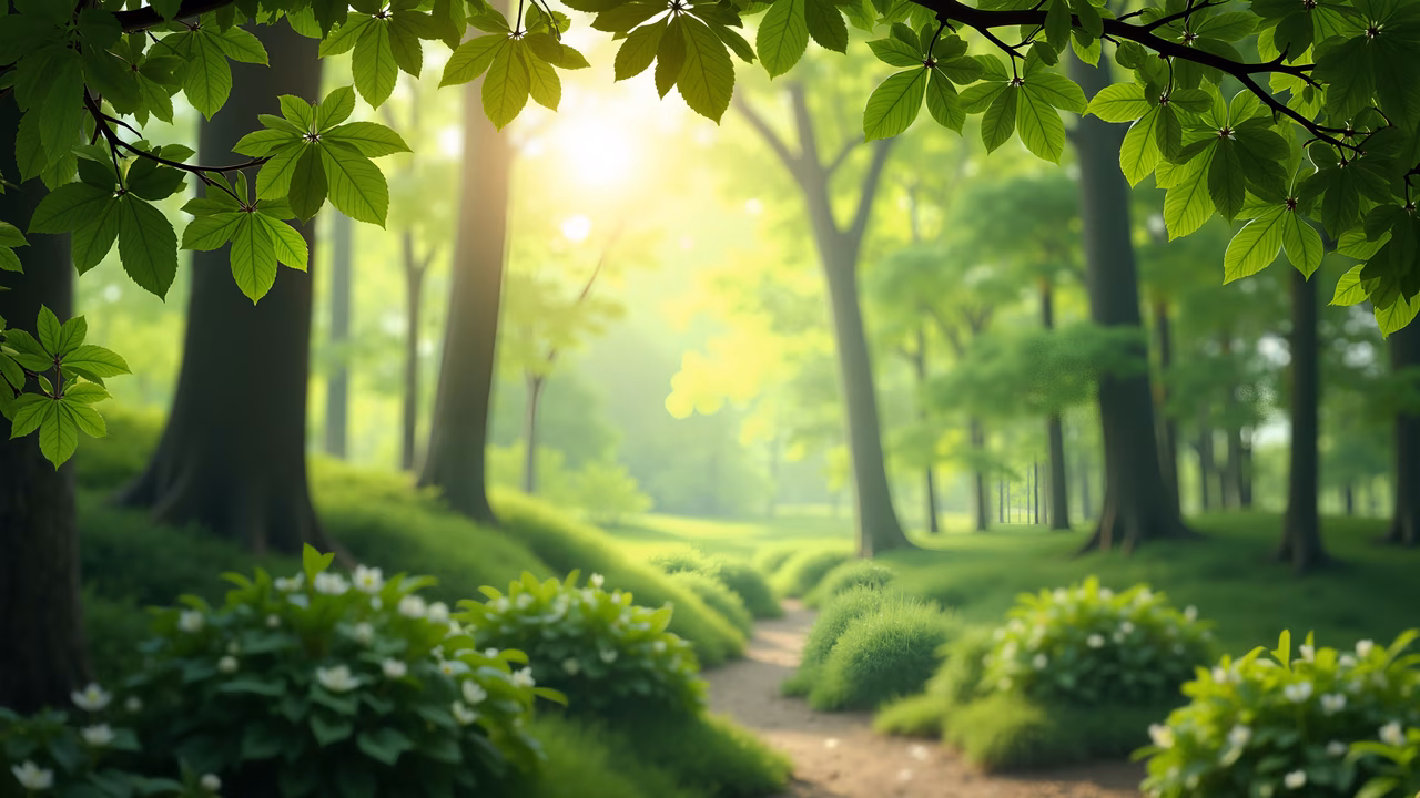 A tranquil forest path framed by lush greenery and dappled sunlight, evoking peace and natural beauty.