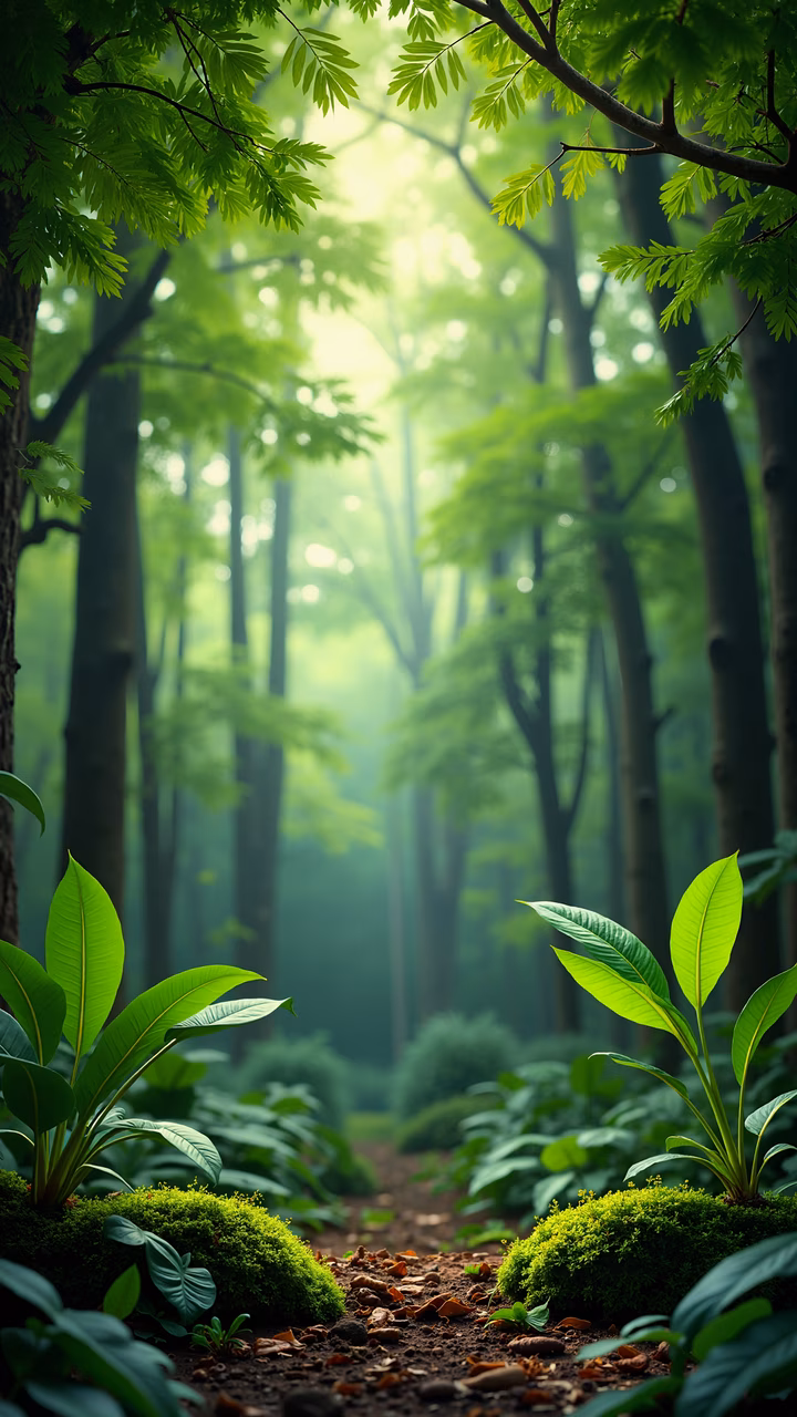 A peaceful forest path surrounded by lush greenery and tall trees, bathed in soft natural light.