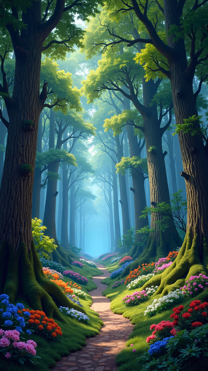 A tranquil forest path surrounded by colorful flowers and towering trees, perfect for nature enthusiasts and art lovers.