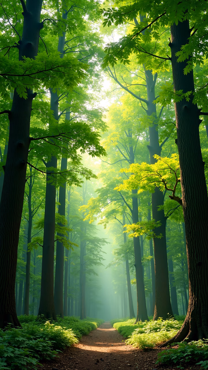 A peaceful forest path surrounded by tall trees and lush greenery, illuminated by soft sunlight.