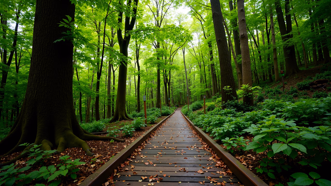 A peaceful forest pathway surrounded by tall trees and vibrant greenery, perfect for nature lovers and photographers alike.