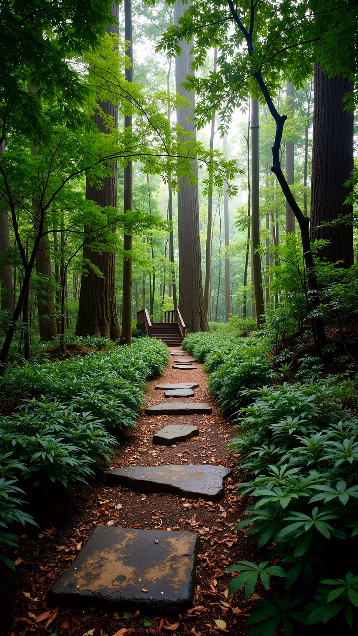 A peaceful forest pathway surrounded by vibrant greenery and tall trees, perfect for nature lovers and photographers alike.
