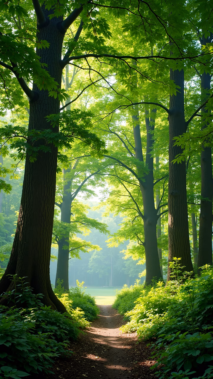 A tranquil forest pathway leading to a serene lake, framed by tall trees and lush greenery.