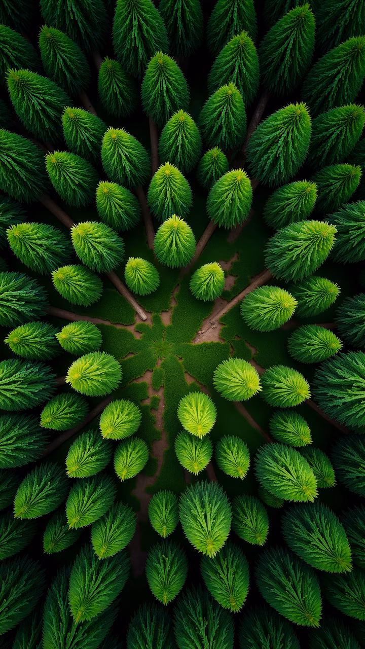 A symmetrical pattern of green trees in a kaleidoscopic design, featuring detailed textured leaves and vibrant green shades.