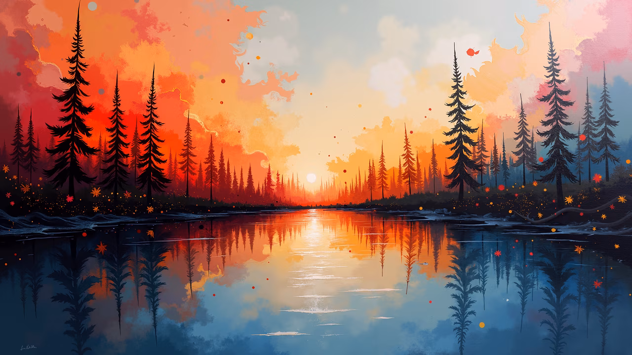 A peaceful forest scene at sunset, featuring tall pine trees and a reflective lake.