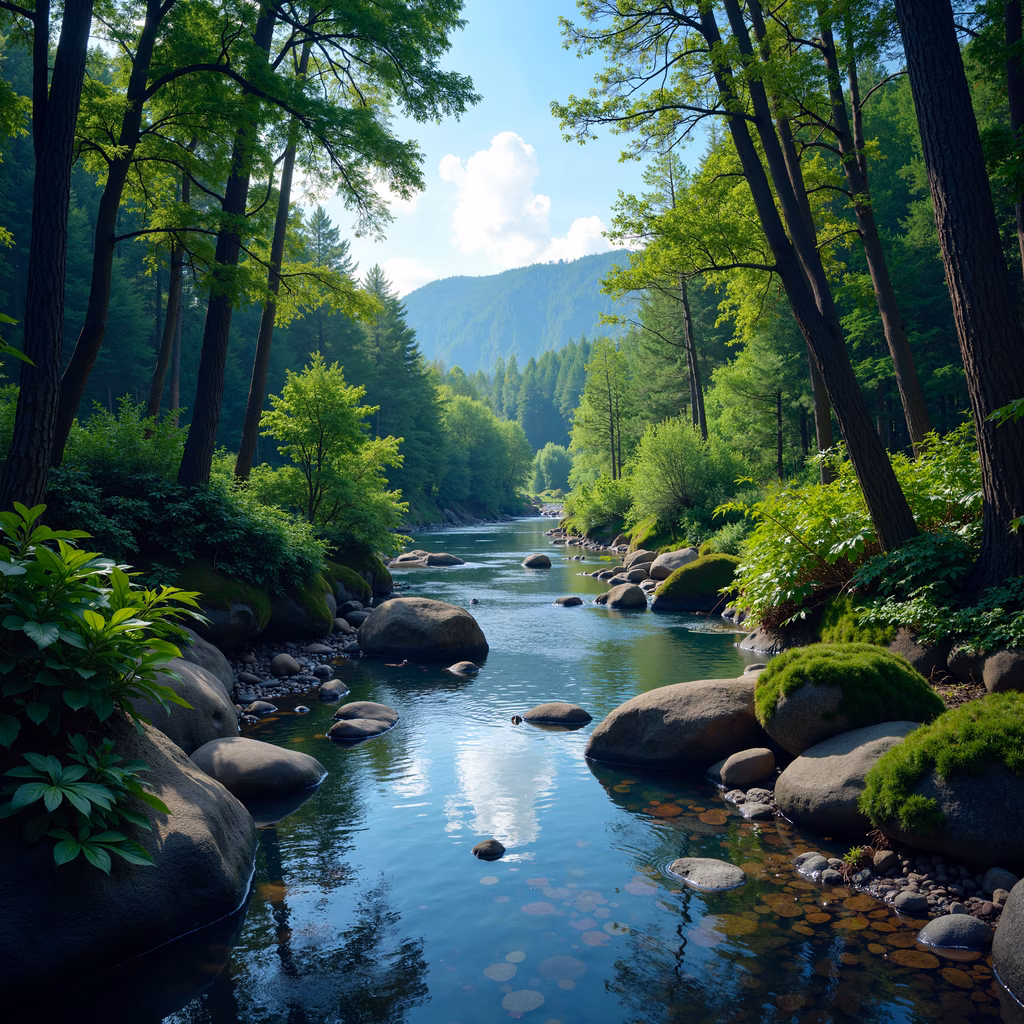 A tranquil river surrounded by lush greenery and towering trees in a serene forest setting.