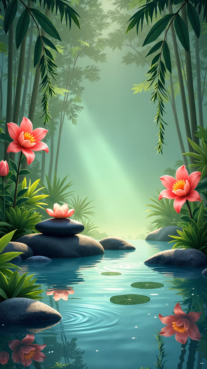 A tranquil forest scene with vibrant flowers and a reflective pond, perfect for nature lovers and those seeking serenity.