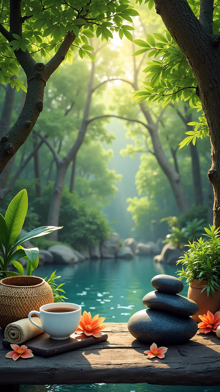 A tranquil forest scene with vibrant greenery, smooth stones, and a cup of tea, perfect for meditation and relaxation.