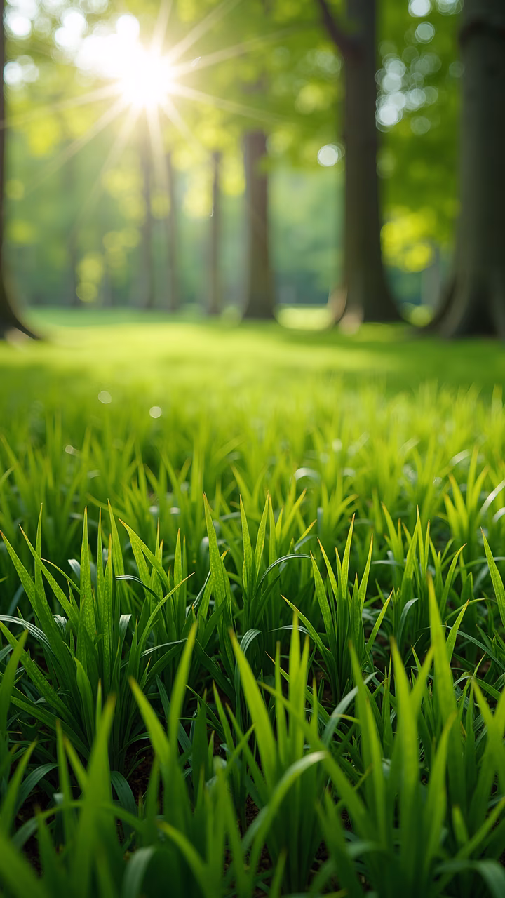Vibrant green grass and soft sunlight in a tranquil forest setting.