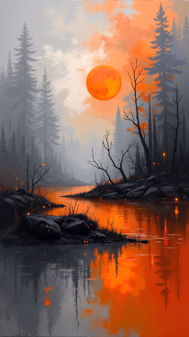 A tranquil forest sunset with warm reflections and glowing lights.