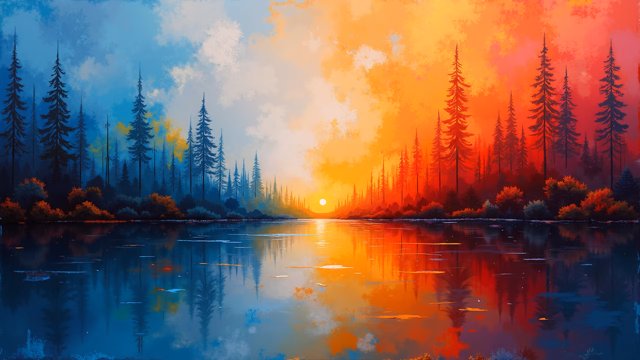 A tranquil forest sunset reflected in a calm lake, featuring tall pine trees and a vibrant sky transition.