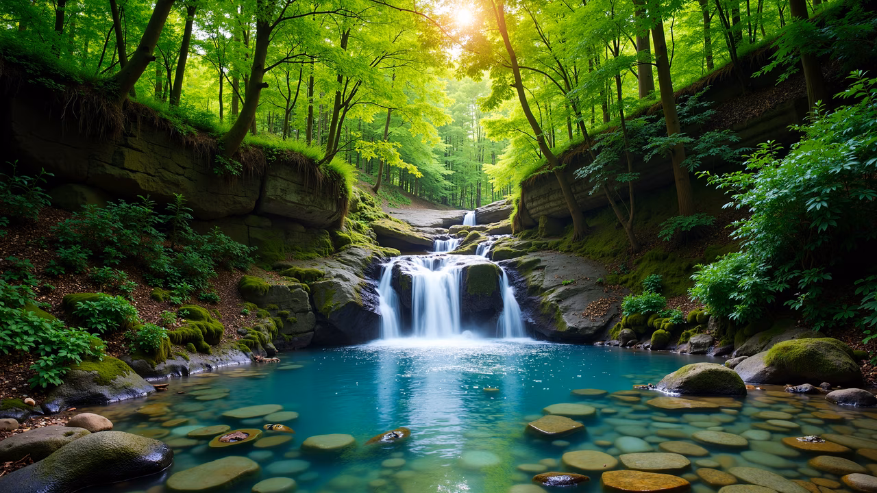 A peaceful forest waterfall scene with vibrant greenery and a serene pool of water.