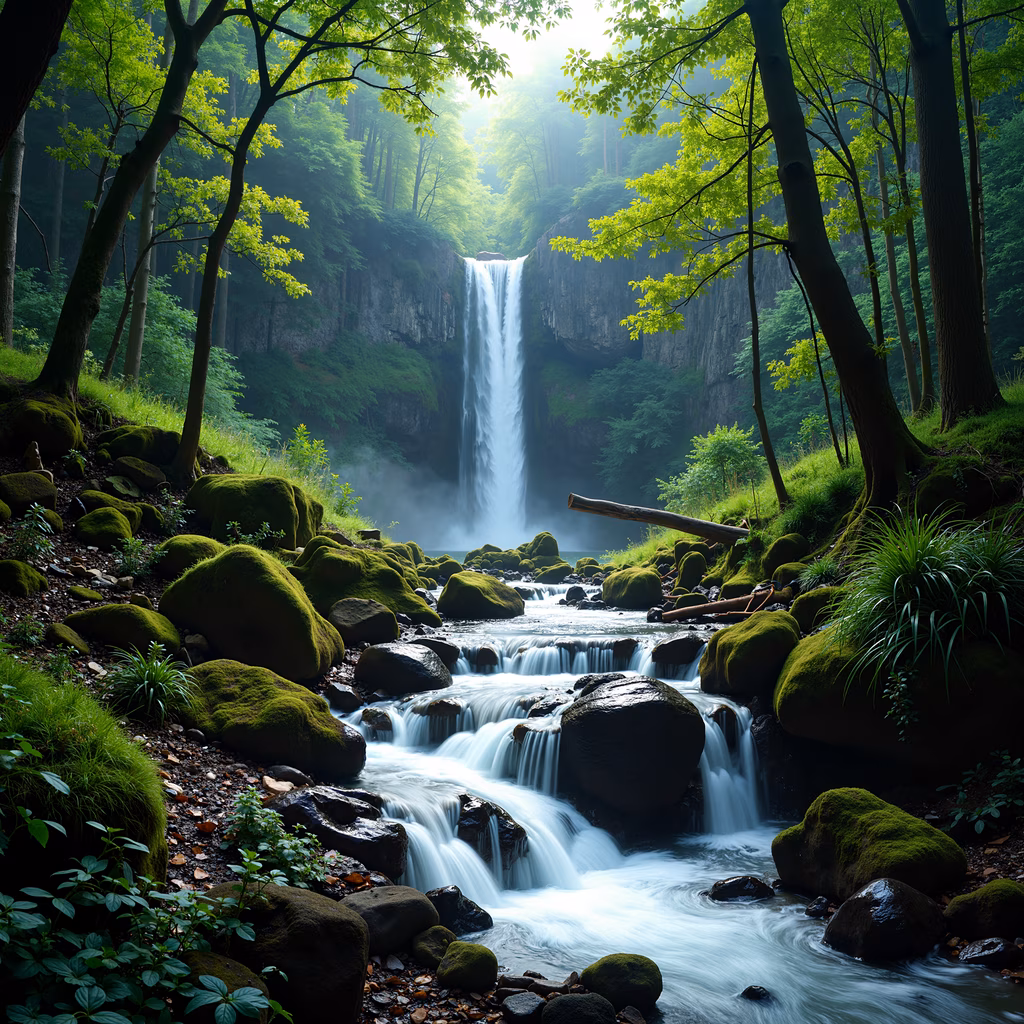 A peaceful forest waterfall scene with lush greenery and moss-covered rocks, captured in an illustration style.