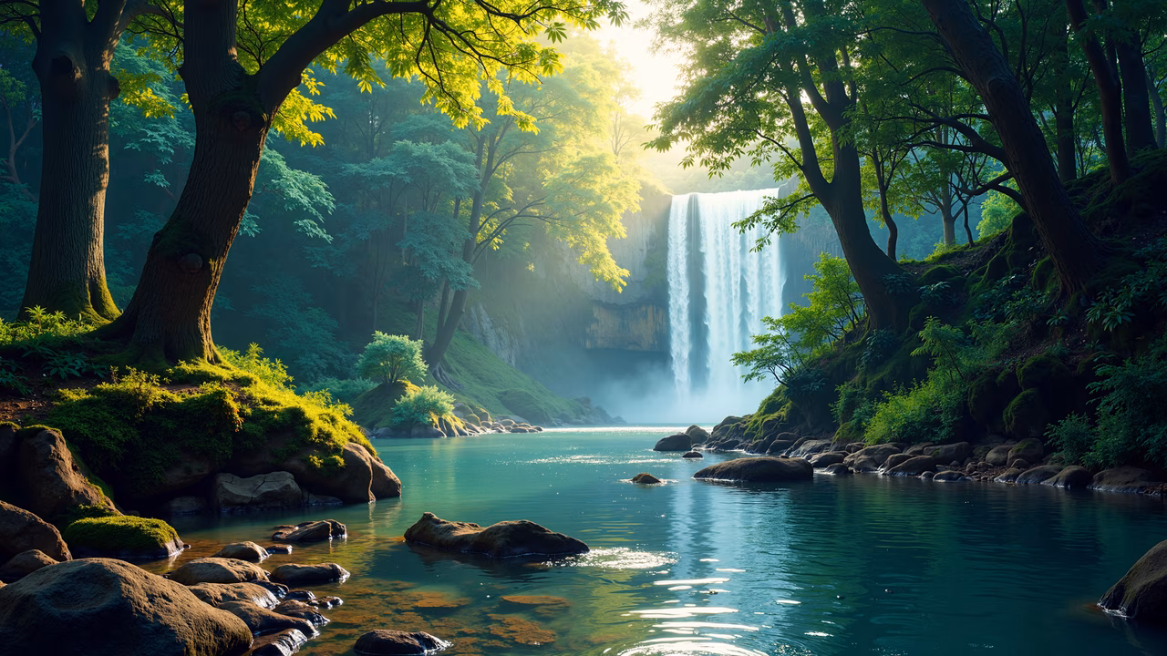 A peaceful forest landscape featuring a stunning waterfall and vibrant greenery under soft sunlight.