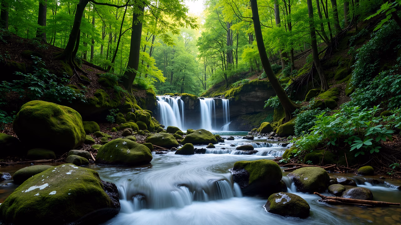 A peaceful forest waterfall scene with lush greenery and moss-covered rocks, capturing the tranquility of nature.