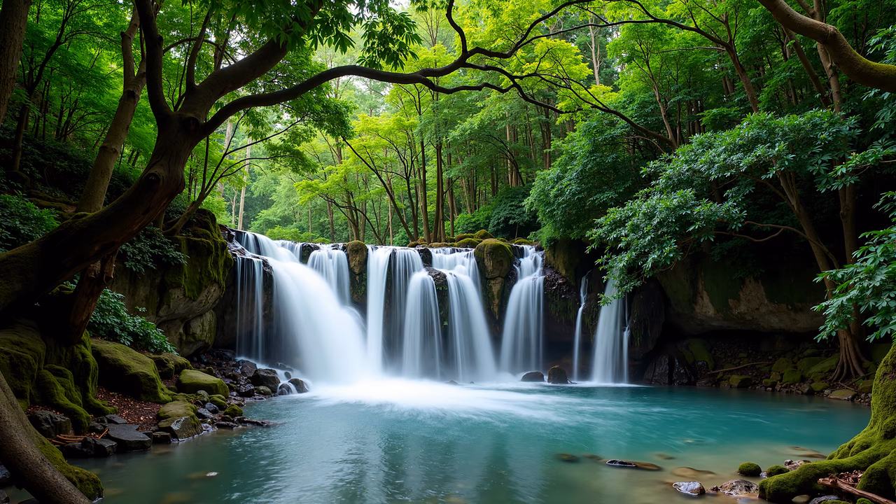 A tranquil forest waterfall scene with lush greenery and cascading water, captured in a realistic style.