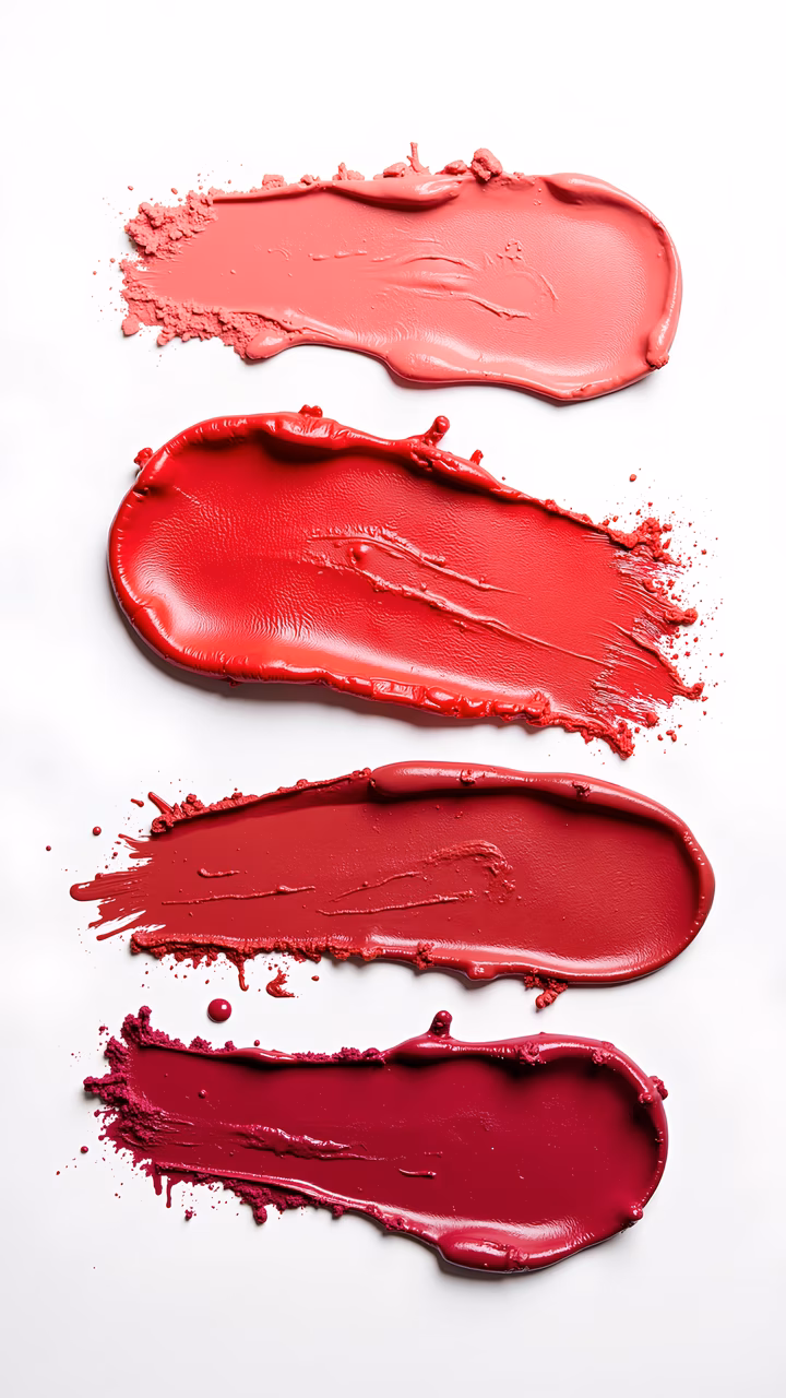Four shades of red cosmetics swatches on a white background