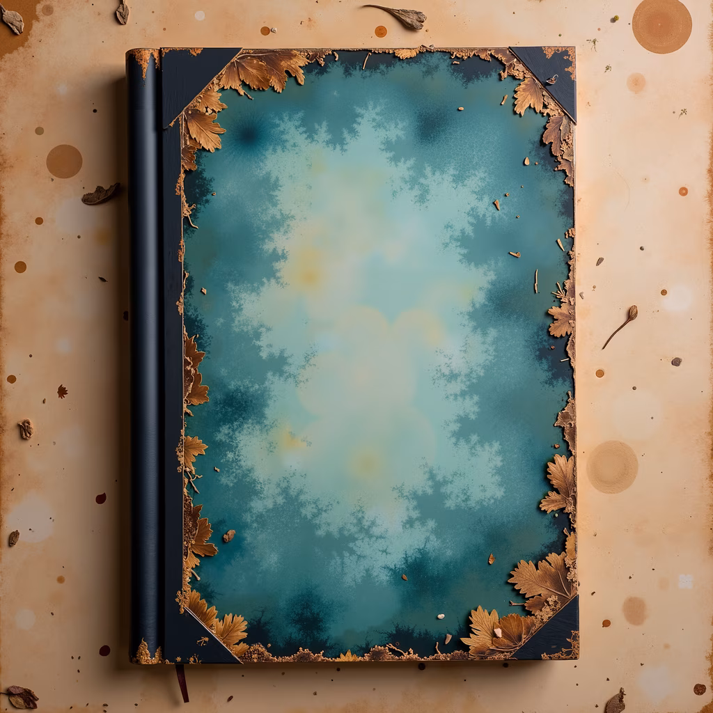 Abstract fractal notebook with dried leaves and earthy tones