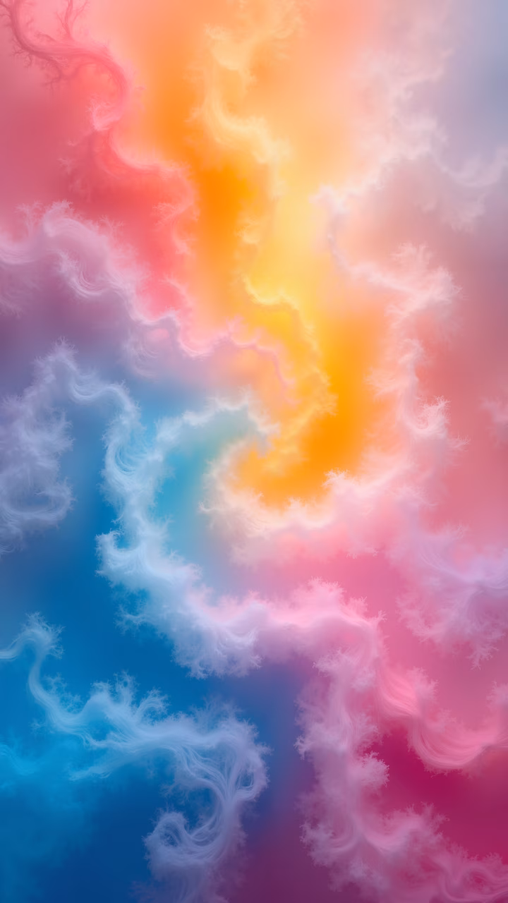 Vibrant fractal pattern with swirling organic shapes in a gradient of warm and cool colors.