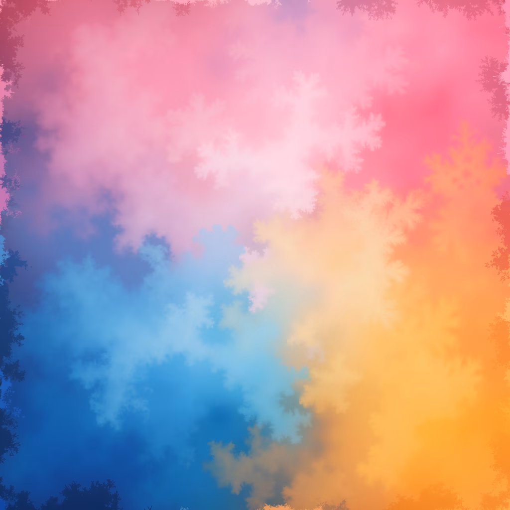 Vibrant fractal sky with gradient colors and intricate white patterns, creating an ethereal and tranquil atmosphere.