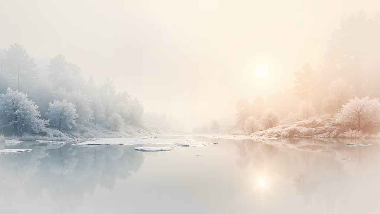 A peaceful winter landscape with frost-covered trees and ice floes on a lake, illuminated by the warm glow of the setting sun.