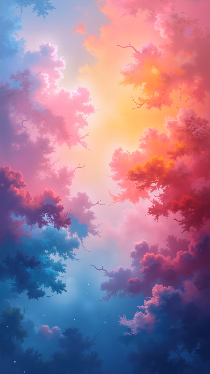 Vibrant, surreal clouds in a dreamlike, futuristic sky illustration.