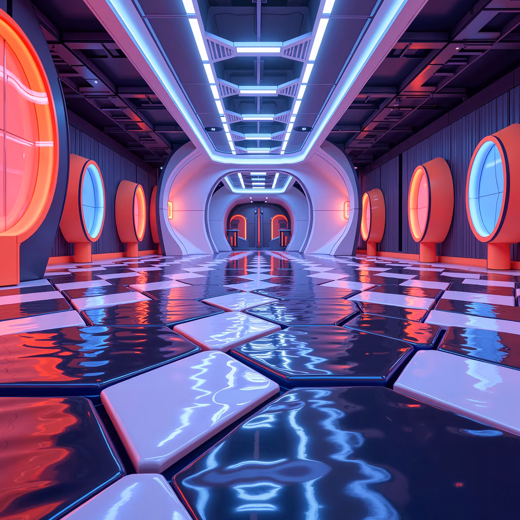 Futuristic tunnel with neon-lit metallic walls and reflective floor, ideal for sci-fi themes.