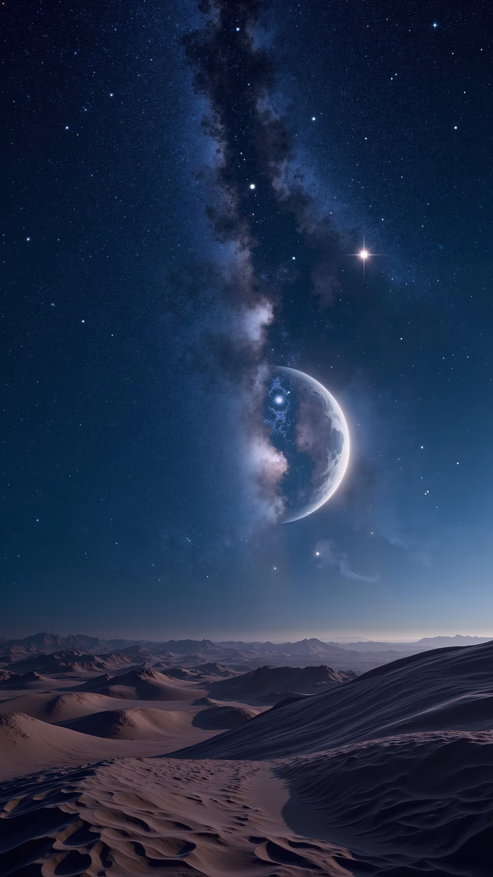 A tranquil desert scene under a starlit sky with the Milky Way and a bright star.
